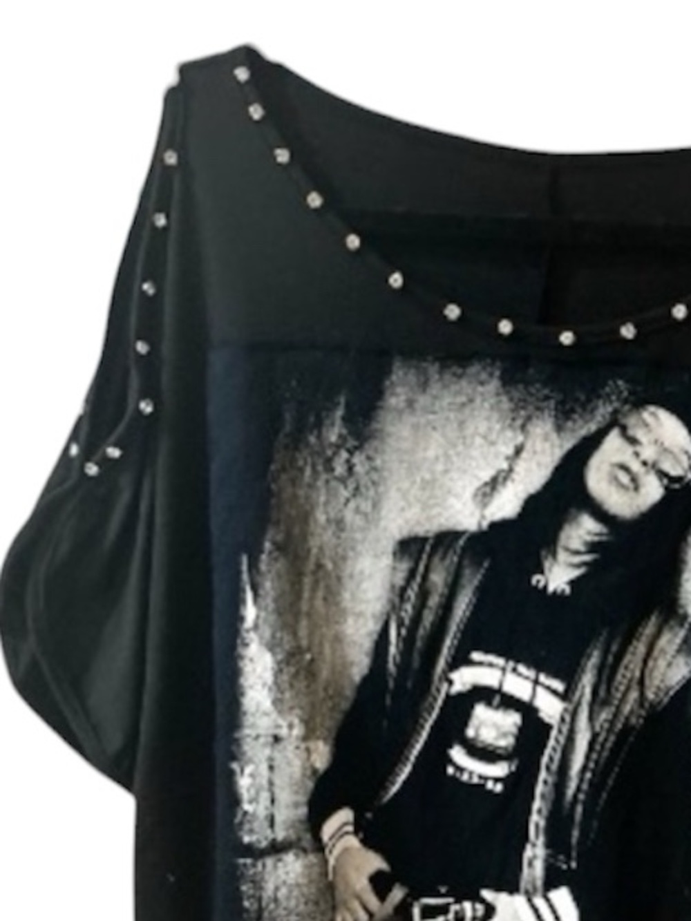 One of a Kind Upcycled Black Aaliyah Graphic Cold-Shoulder Studded Top 21X24 - Picture 3 of 3
